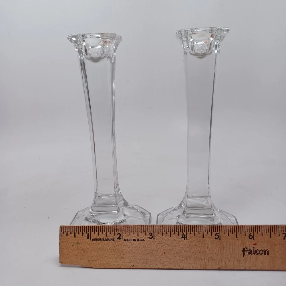 Vintage Clear Crystal Glass Hexagonal Base Taper Candlestick Holders Pair 7.75in
